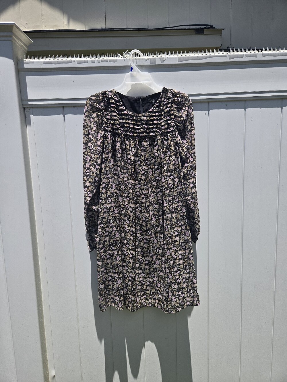 Long Sleeve Black Floral Pleated Women's Dress